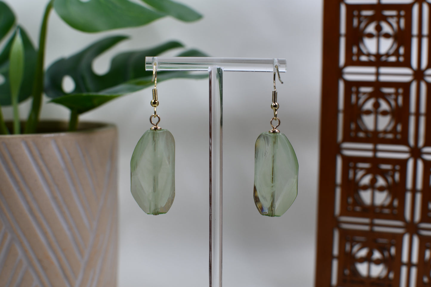 Translucent Sage Green Geometric Dangle Earrings