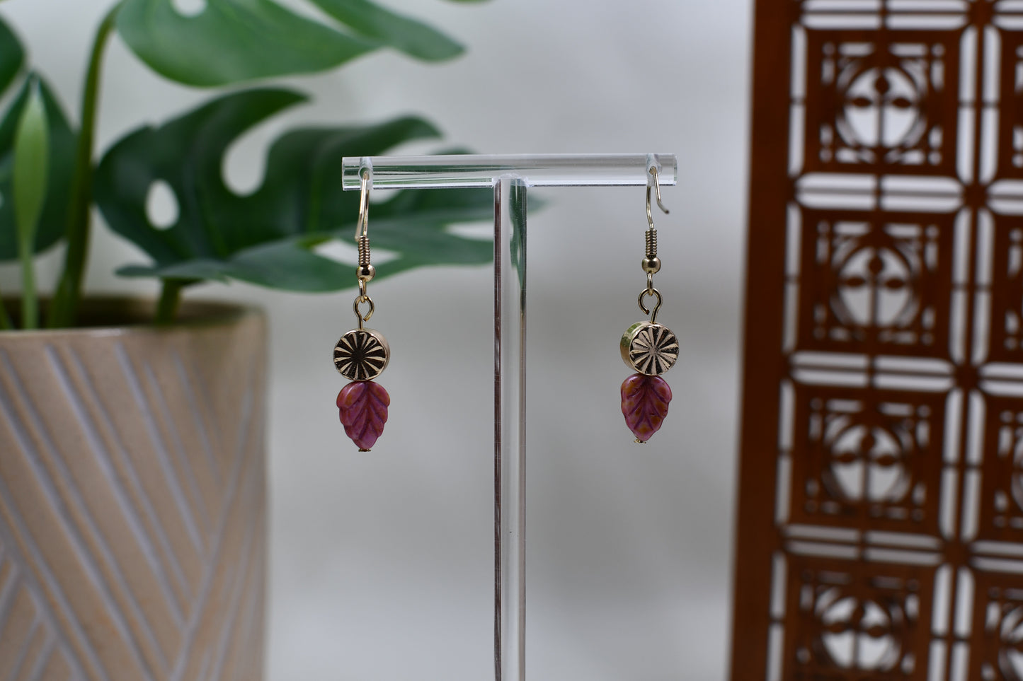 Gold Medallion Dangle Earrings with Red Leaf Charm