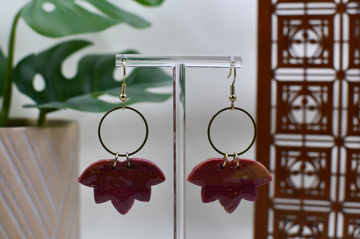 Autumn Marbled Lotus Leaf Dangle Earrings with Gold Circle Accent