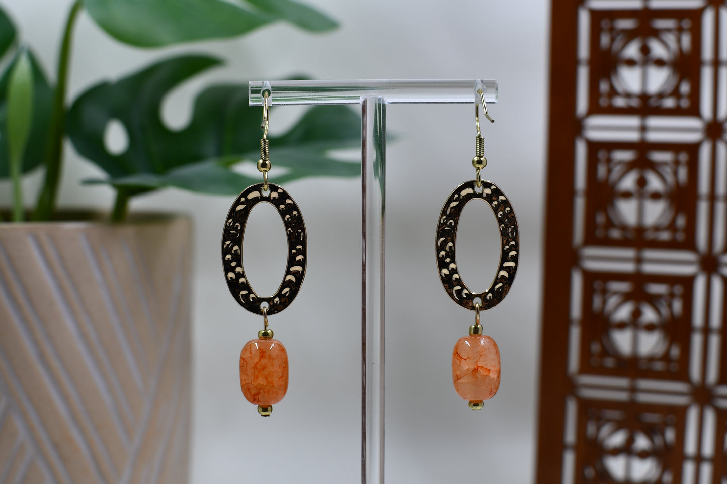 Gold Hammered Oval Dangle Earrings with Orange Crackled Glass Bead