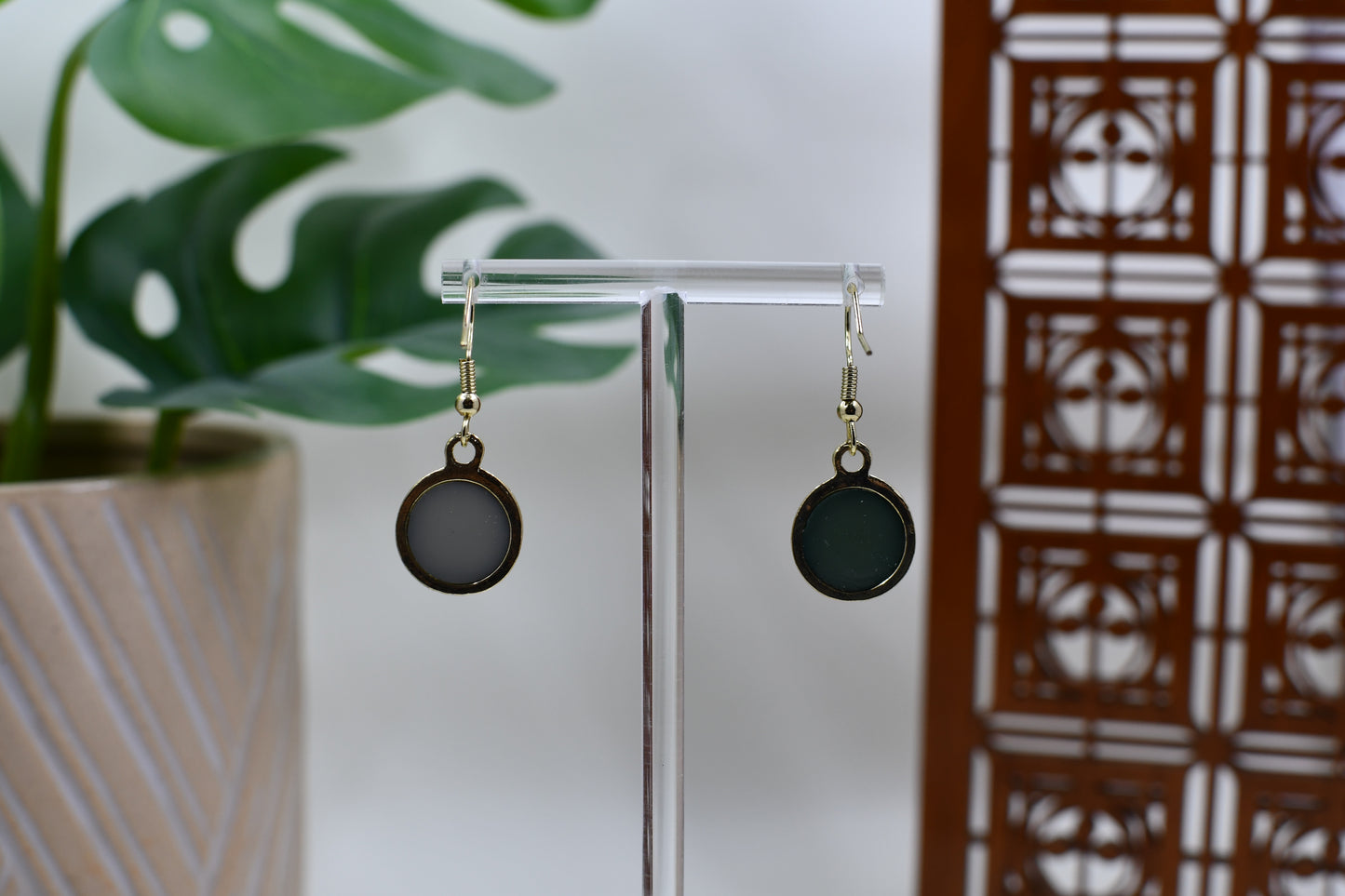 Mismatched Light & Dark Green Gold Trimmed Dangle Earrings