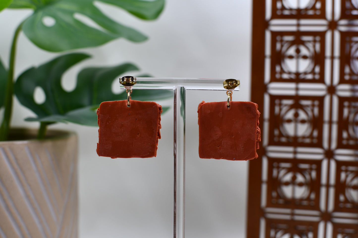 Orange Shag Carpet Square Drop Stud Earrings