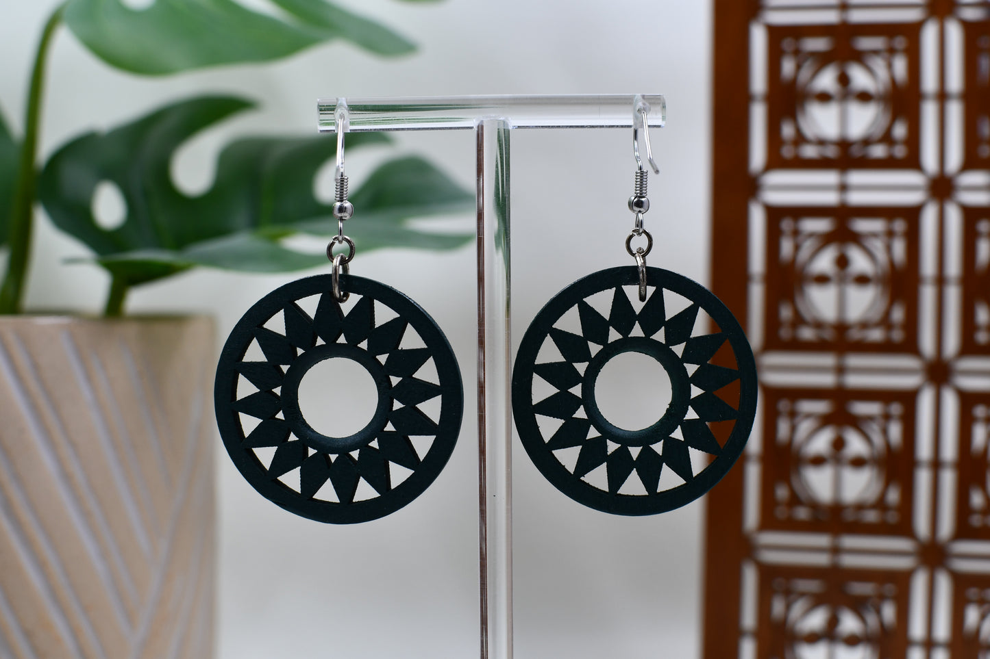 Green Wooden Wagon Wheel Dangle Earrings