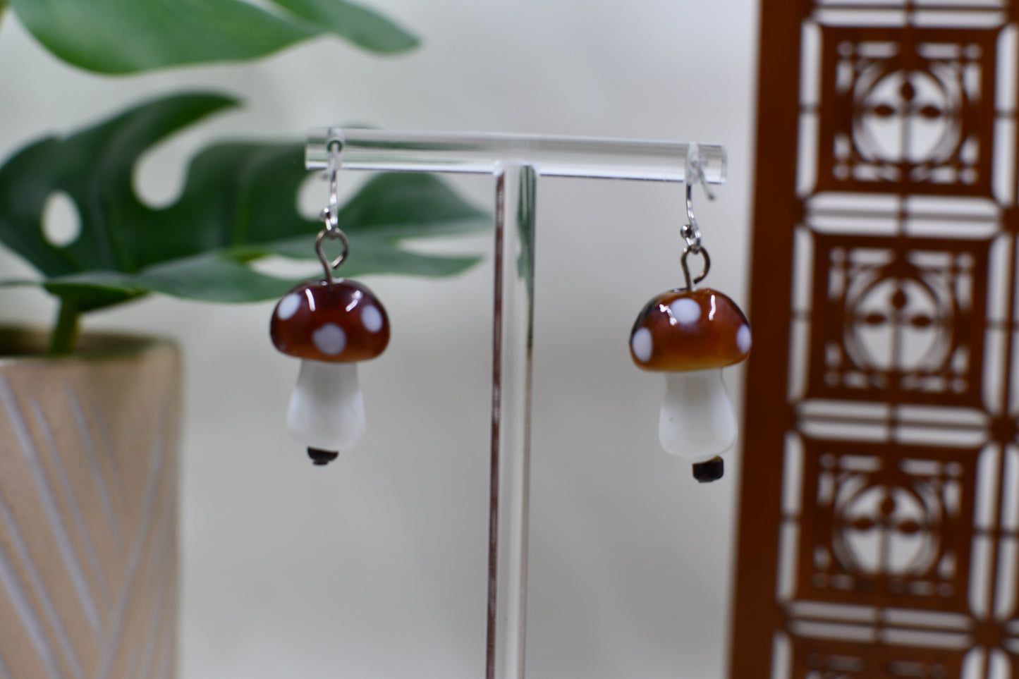 Large Brown & White Glass Mushroom Dangle Earrings