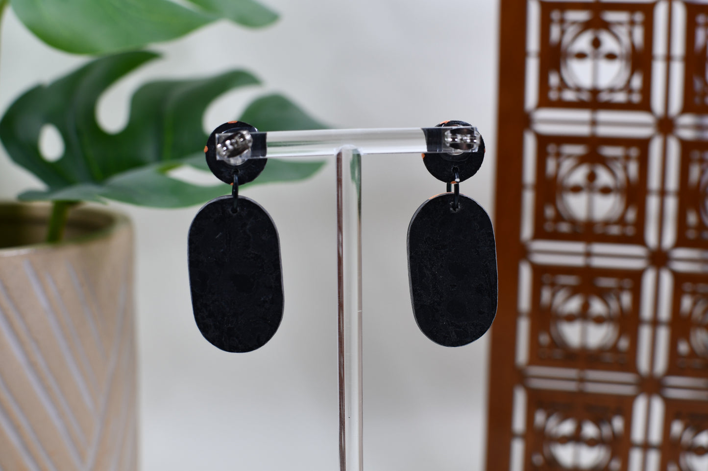 Brown Era Orange and Black Plaid Oval Drop Stud Earrings