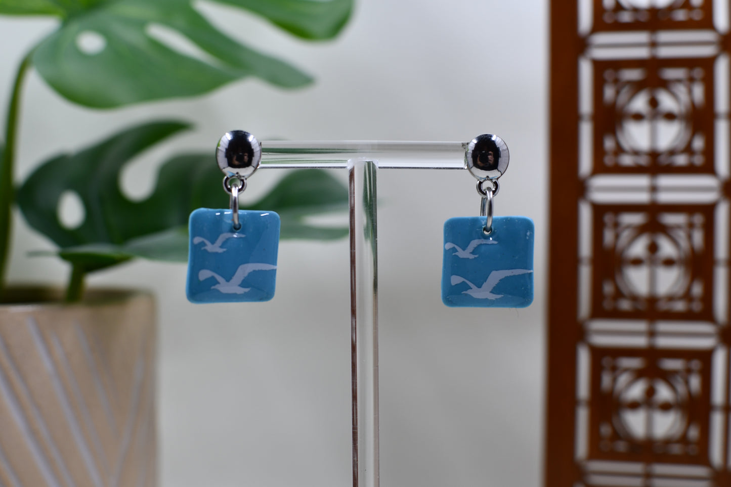 Light Blue Era Seagull Square Drop Stud Earrings
