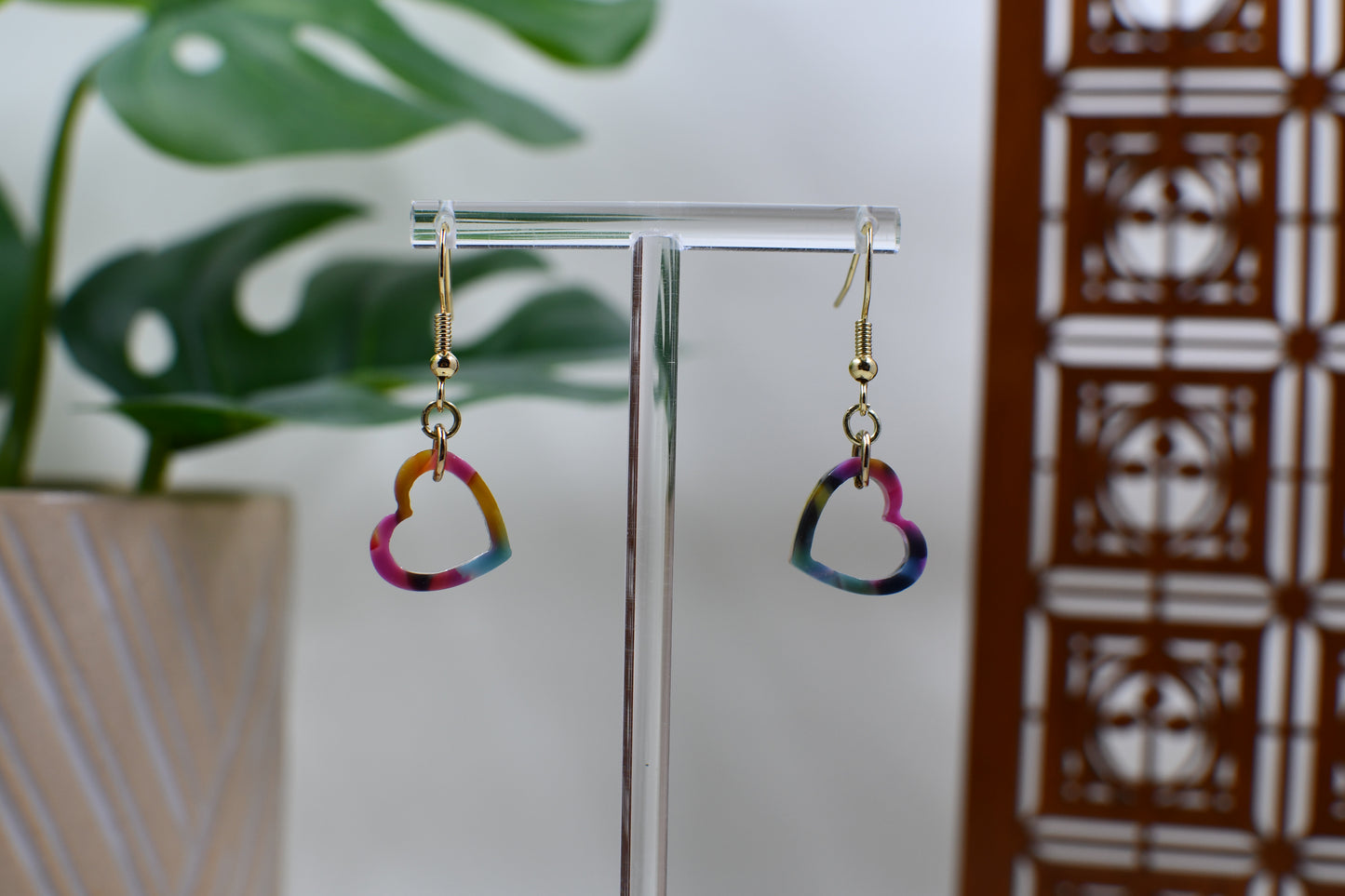 Pink Era Marble Resin Hearts Dangle Earrings