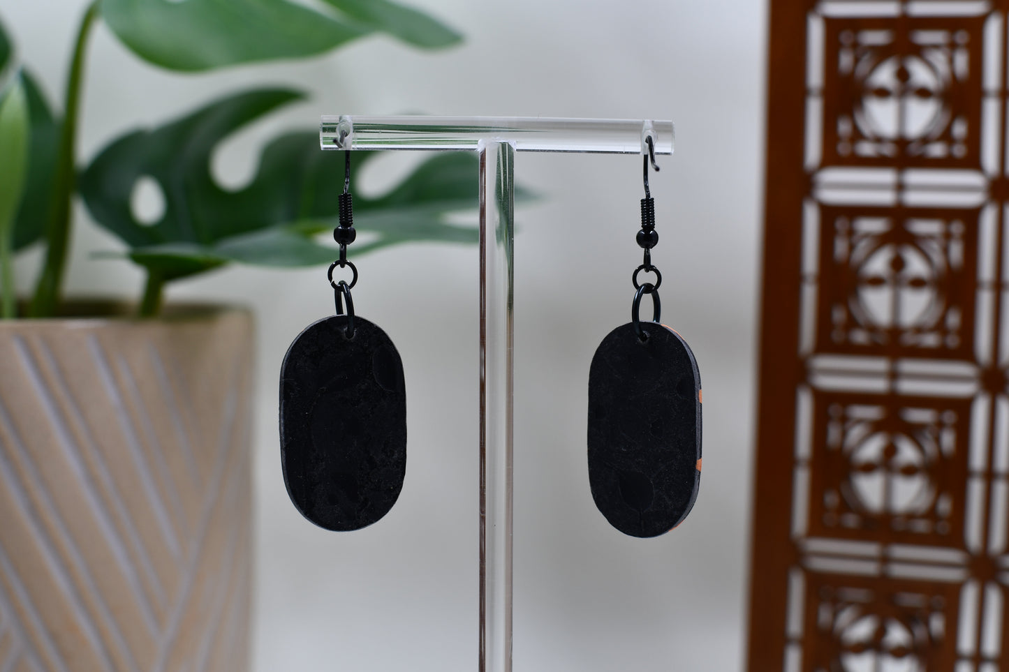 Brown Era Black & Orange Plaid Oval Dangle Earrings