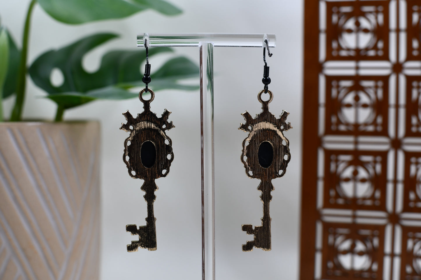 White Era Cameo Skeleton Key Rhinestone Dangle Earrings