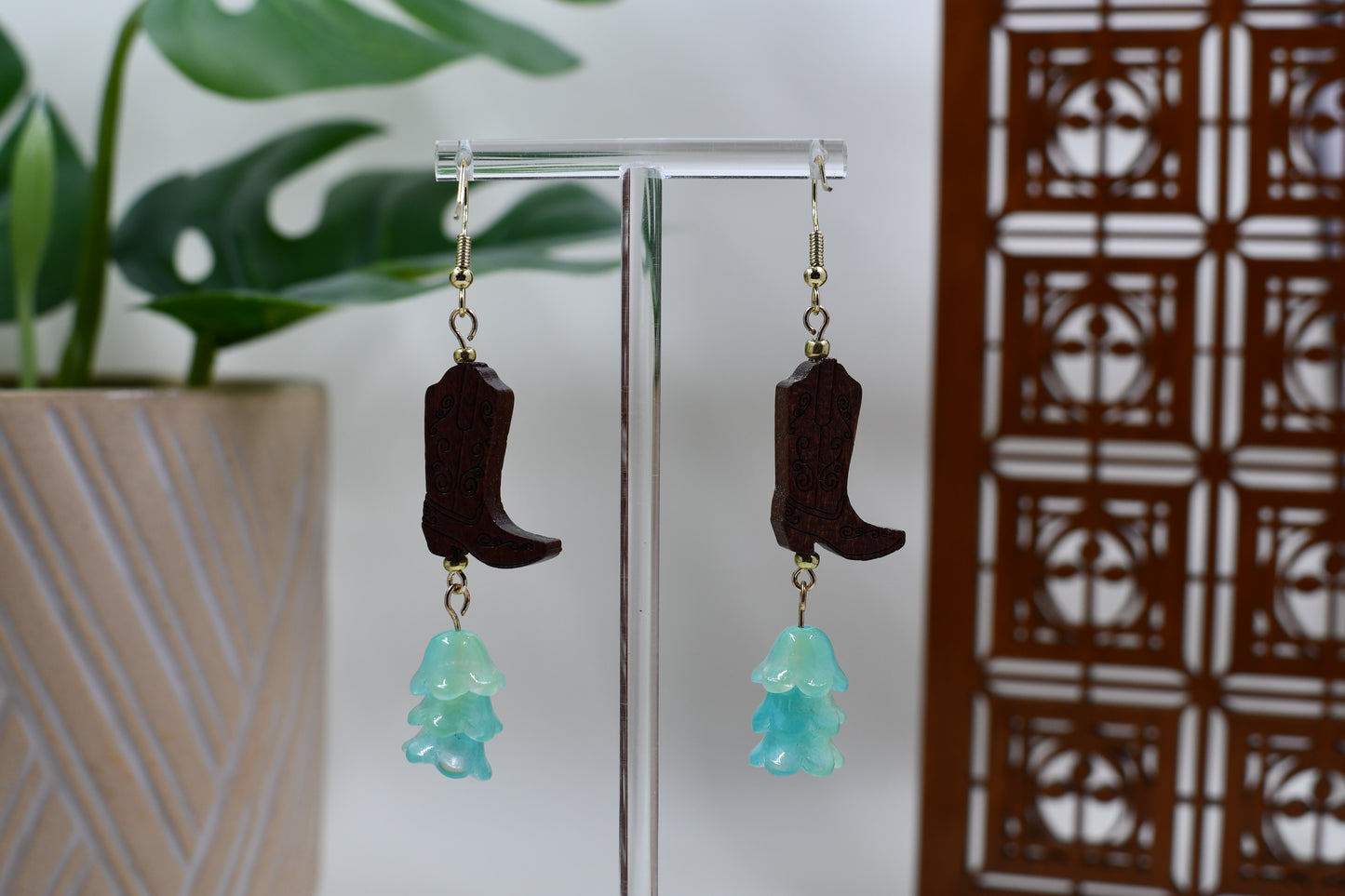 Green Era Western Cowboy Boot with Teal Flower Dangle Earrings