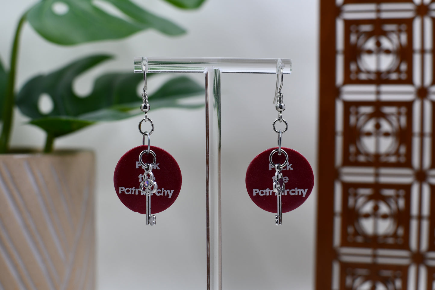 Red Era Fuck the Patriarchy Silver Key/Keychain Dangle Earrings