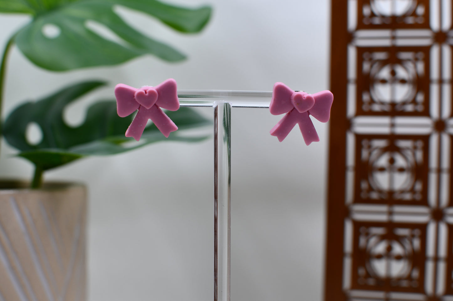 Pink Era Bow Stud Earrings with Pink Heart