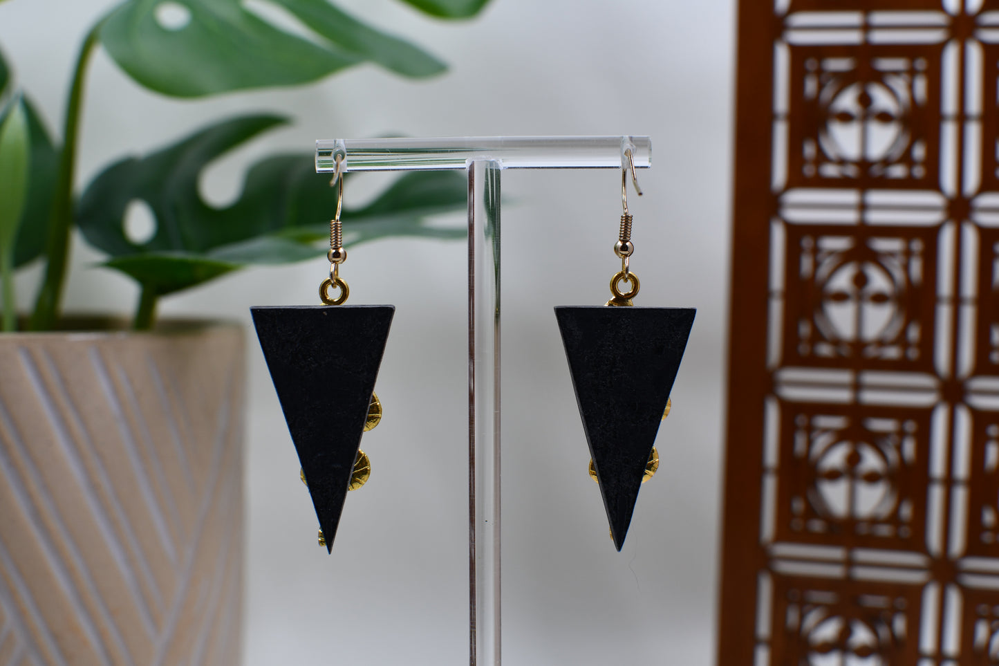 Black Era Gold Snake with Black Triangle Background Dangle Earrings