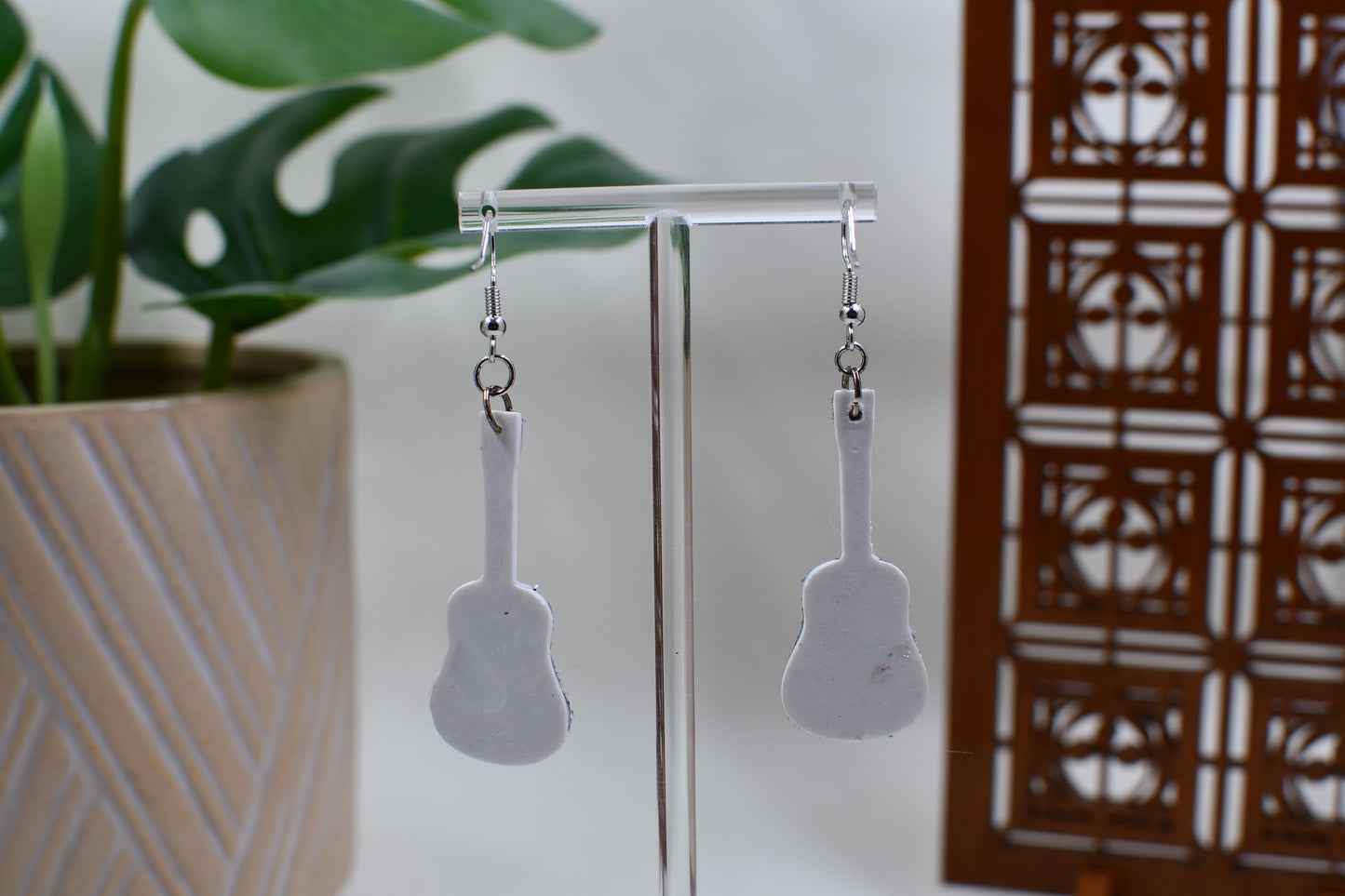 Yellow Era White/Silver Sparkle Guitar Dangle Earrings