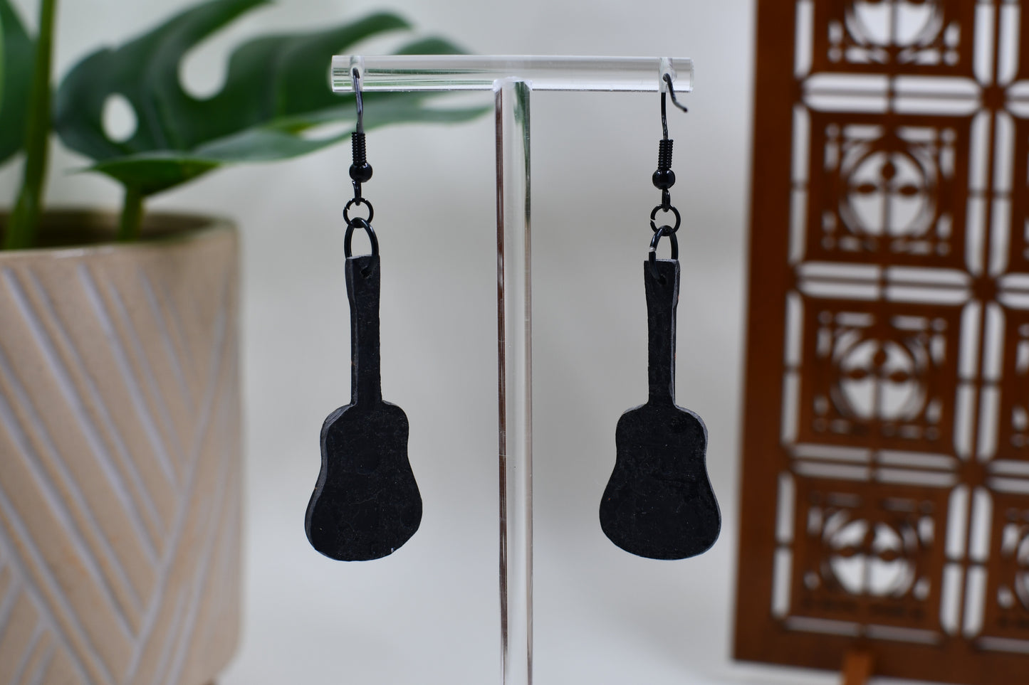 Brown Era Plaid Guitar Dangle Earrings
