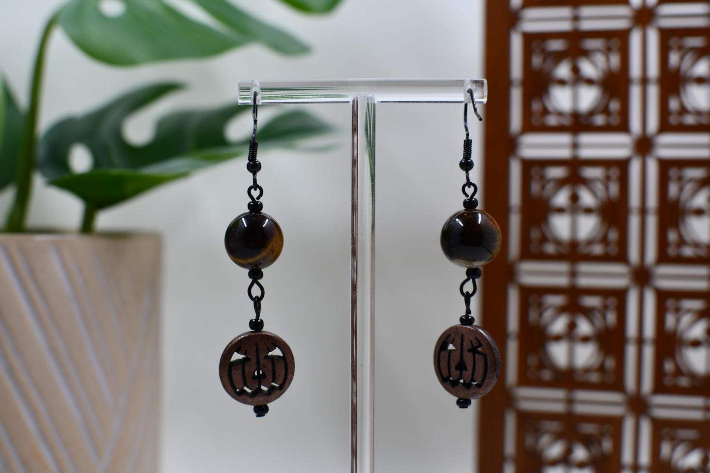 Copper Jack O'Lantern Dangle Earrings with Tigereye Bead