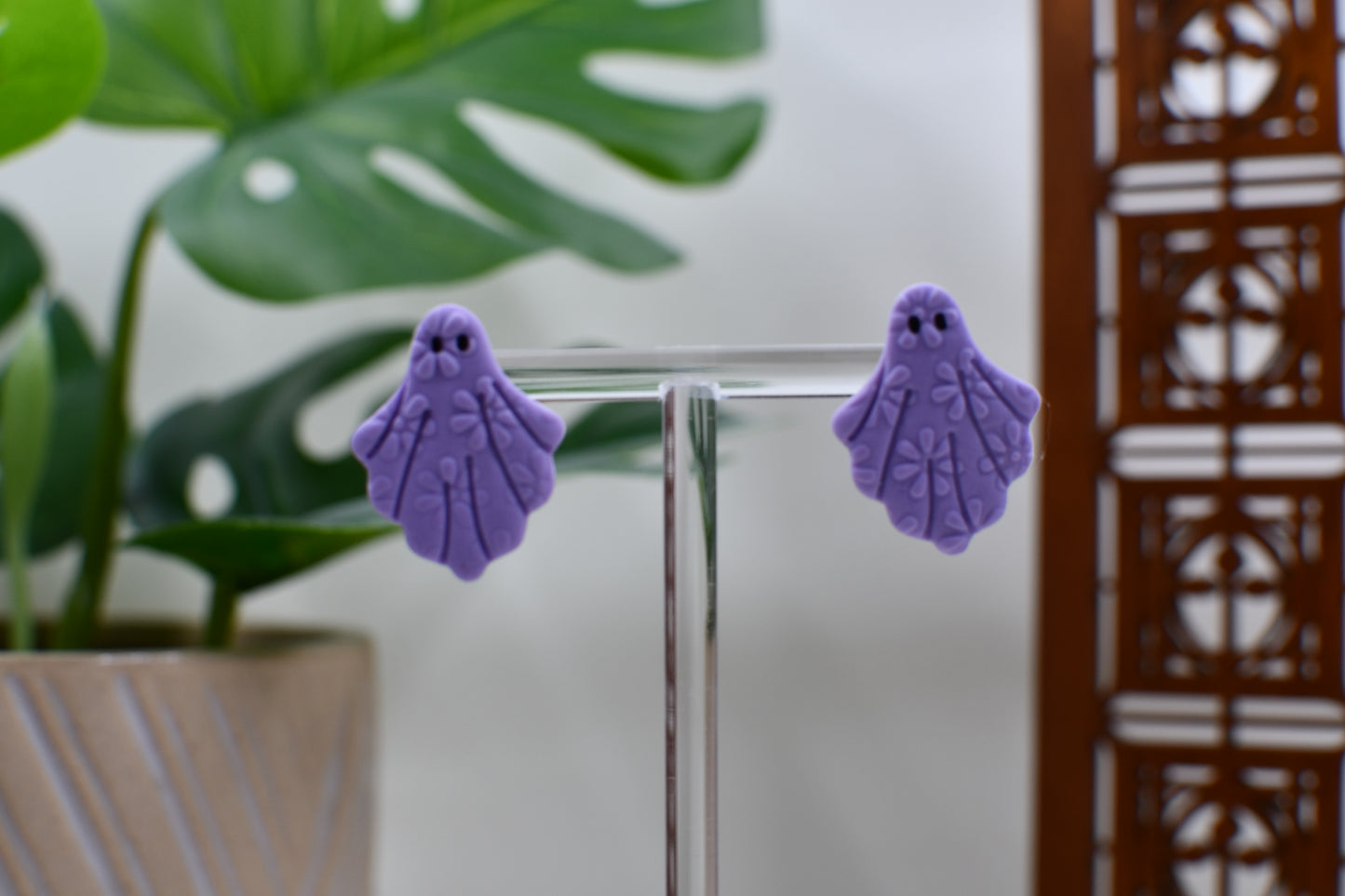 Purple Floral Embossed Ghost Stud Earrings