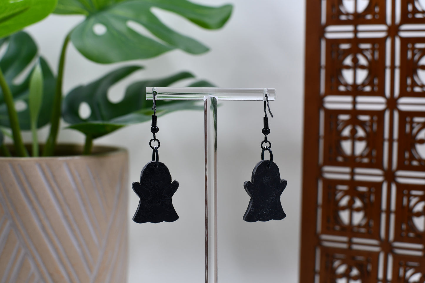 Black Matte Quilted Spooky Ghost Dangle Earrings