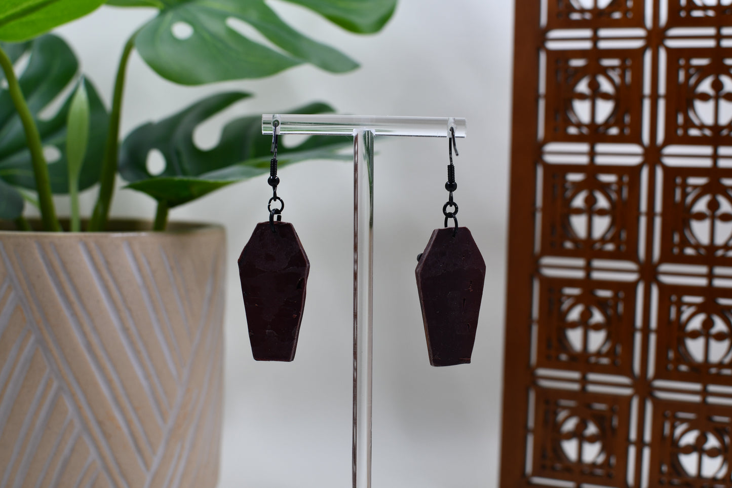 Wood Coffin with Red Flower Wreath Dangle Earrings