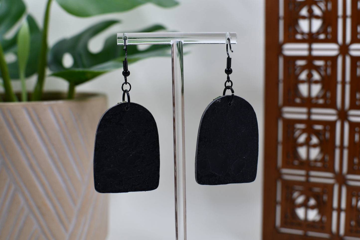 Black RIP Tombstone with Moss Dangle Earrings