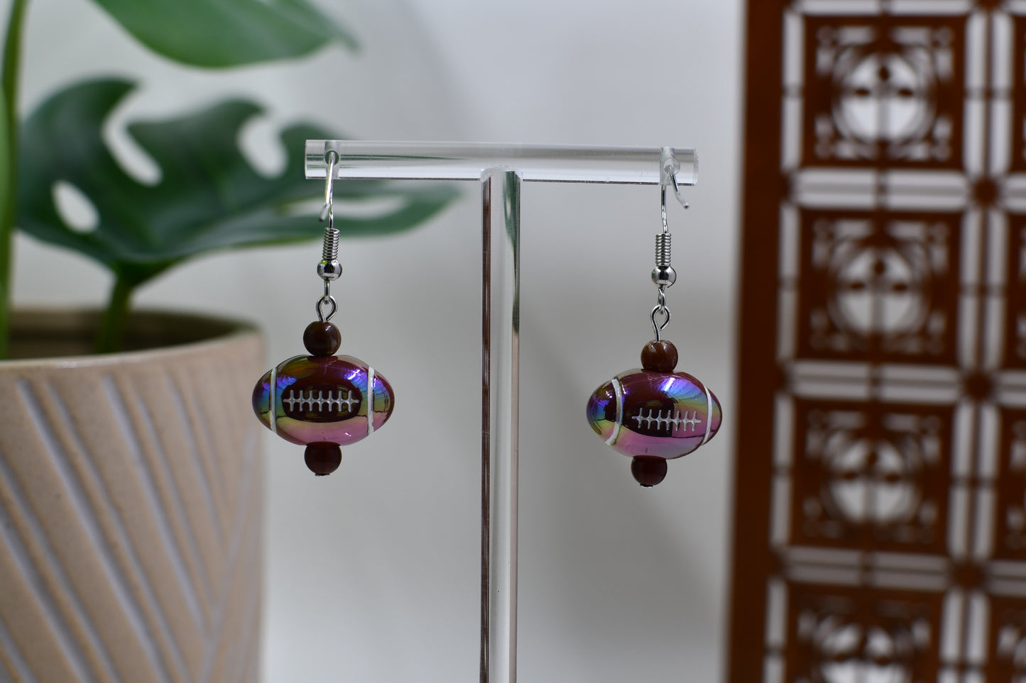 Brown Iridescent Acrylic Football Dangle Earrings