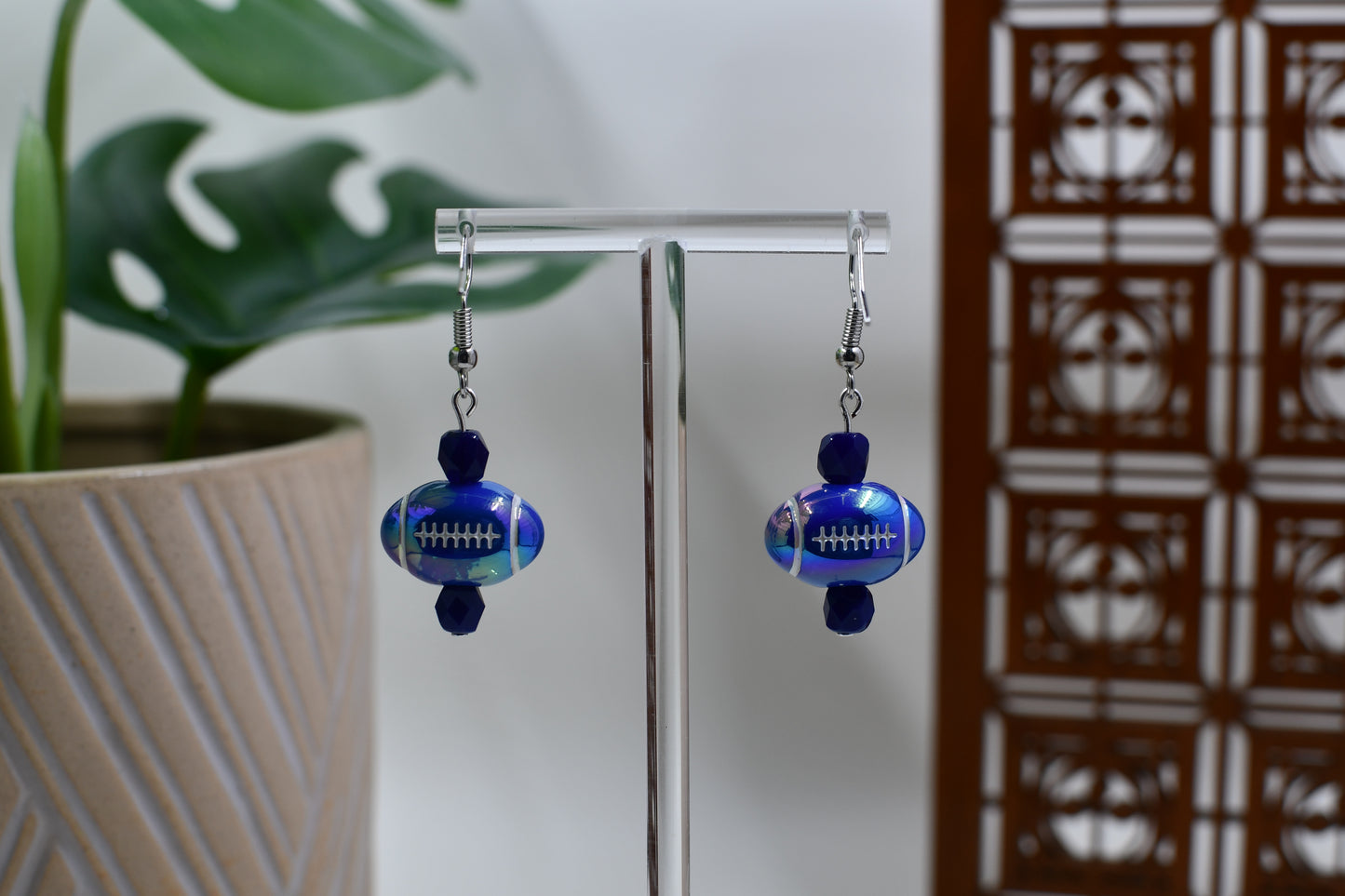 Blue Iridescent Acrylic Football Dangle Earrings