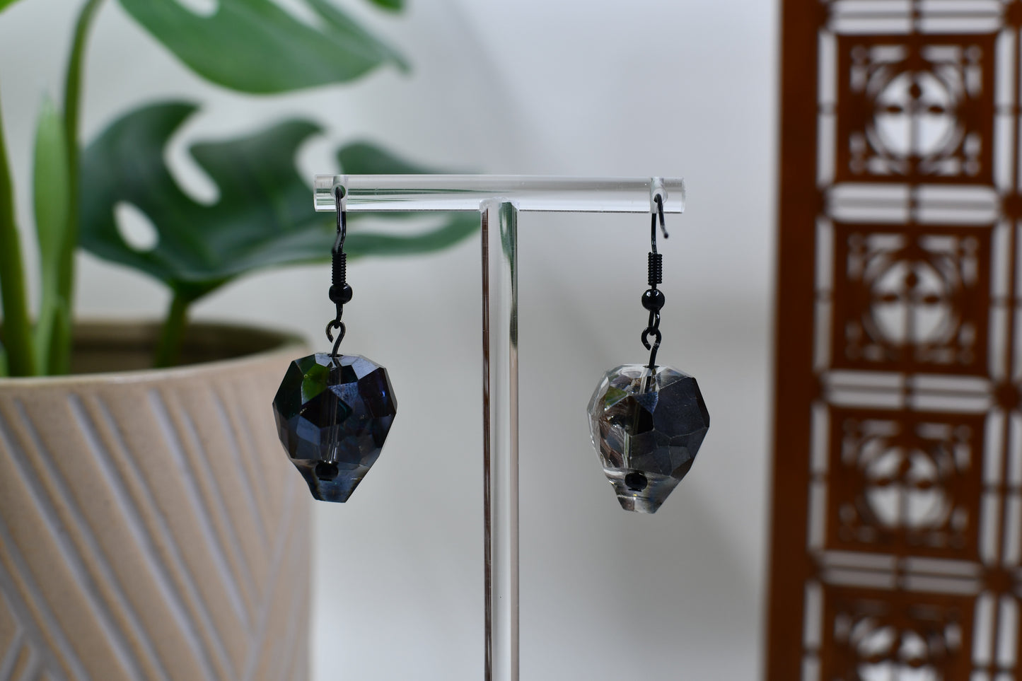 Black Glass Geometric Spooky Skull Dangle Earrings