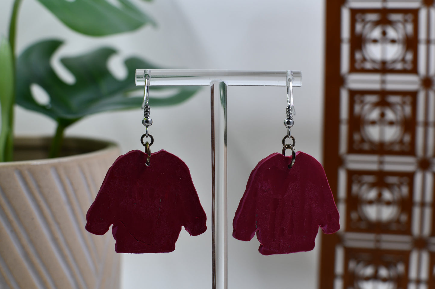 Red Knit Christmas Pine Tree Sweater Dangle Earrings