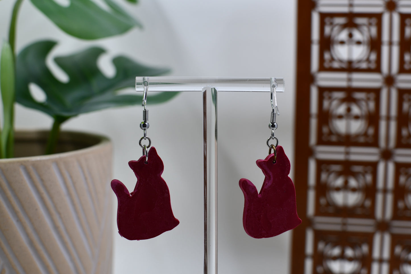 Red Christmas Cat Dangle Earrings with Holly Berry Collar