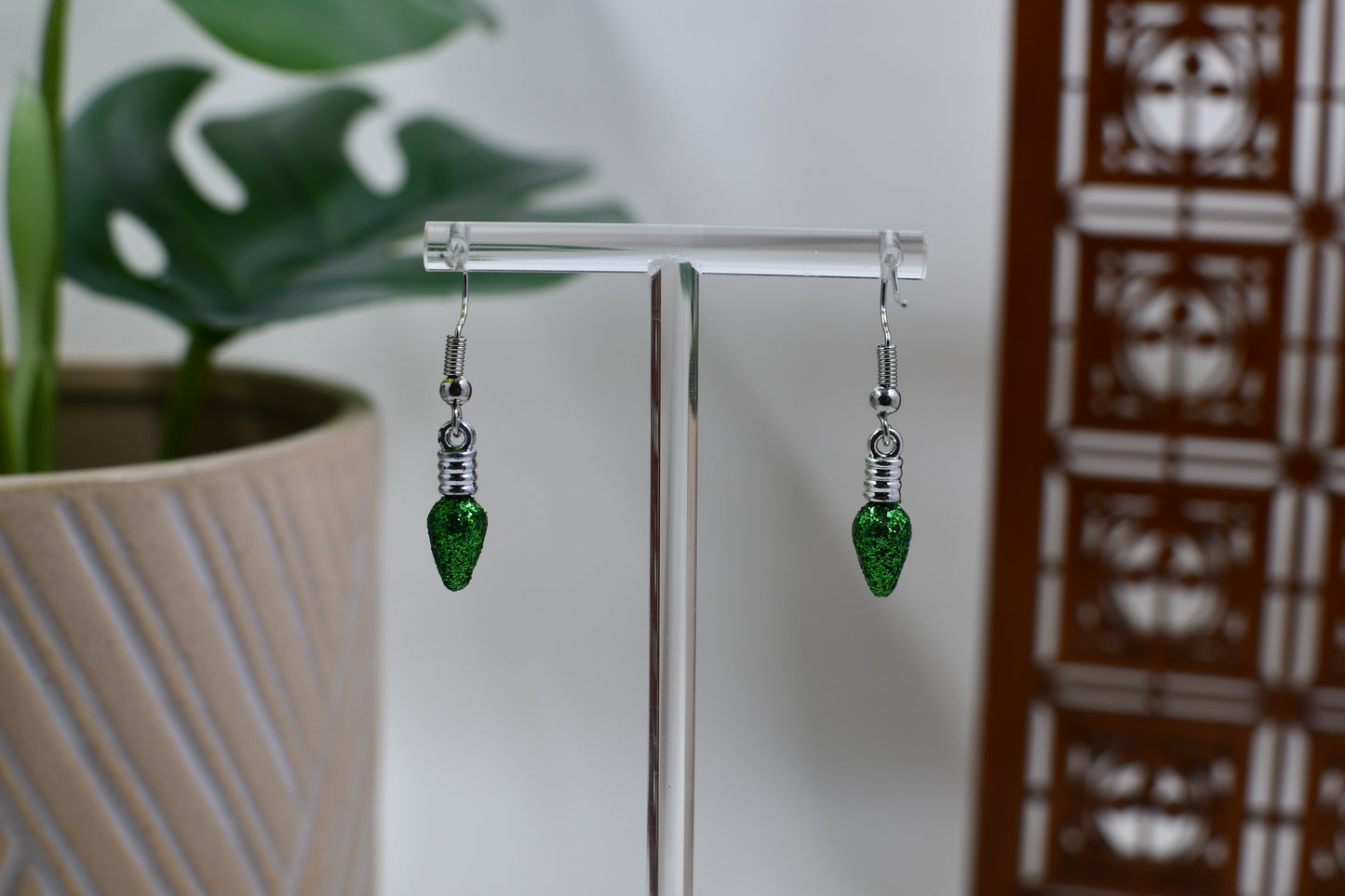 Green Glitter Christmas Light Bulb Dangle Earrings