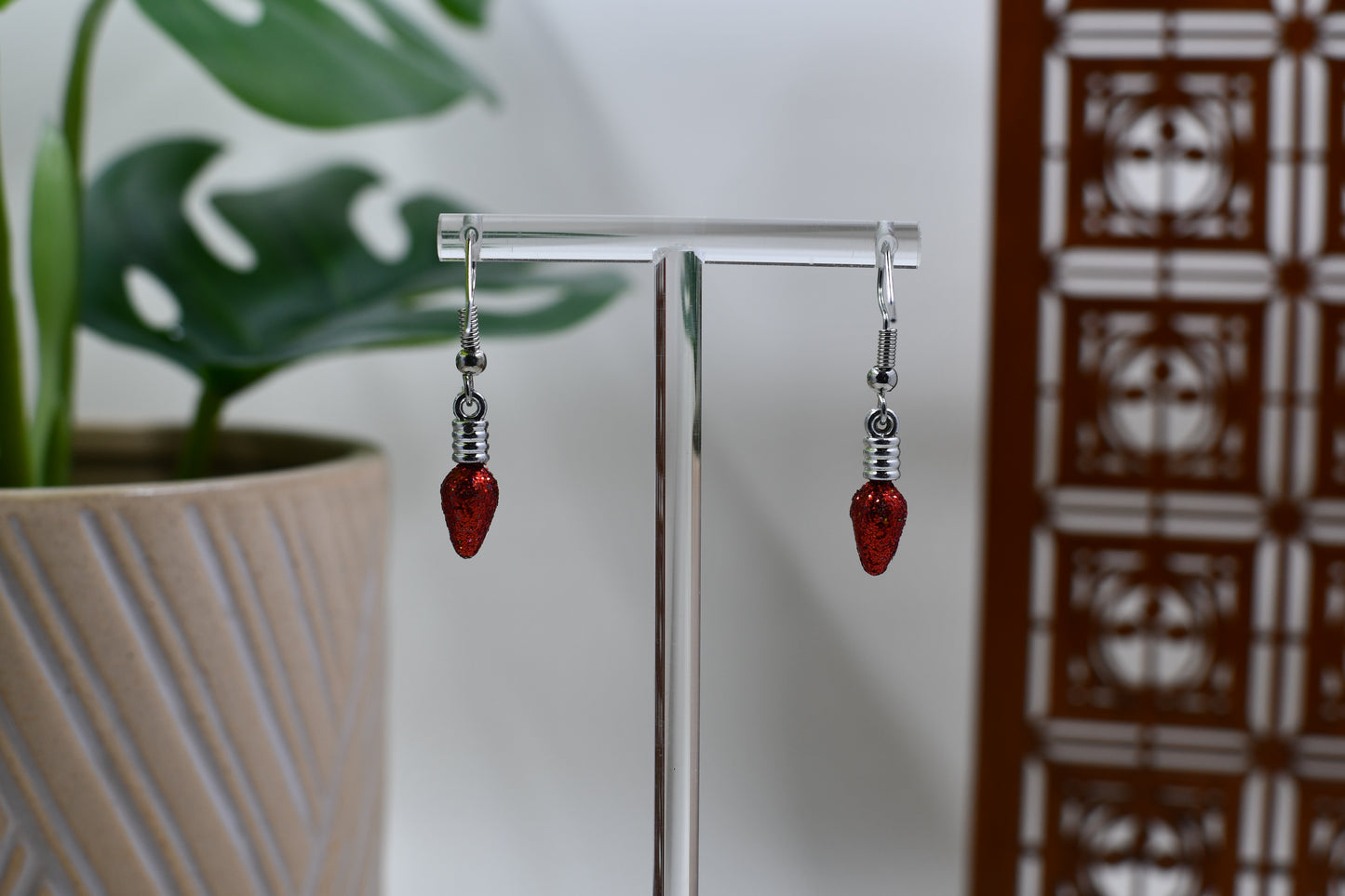 Red Glitter Christmas Light Bulb Dangle Earrings