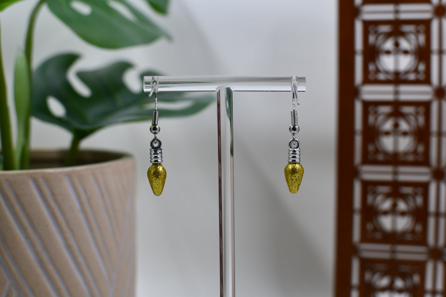 Yellow Glitter Christmas Light Bulb Dangle Earrings