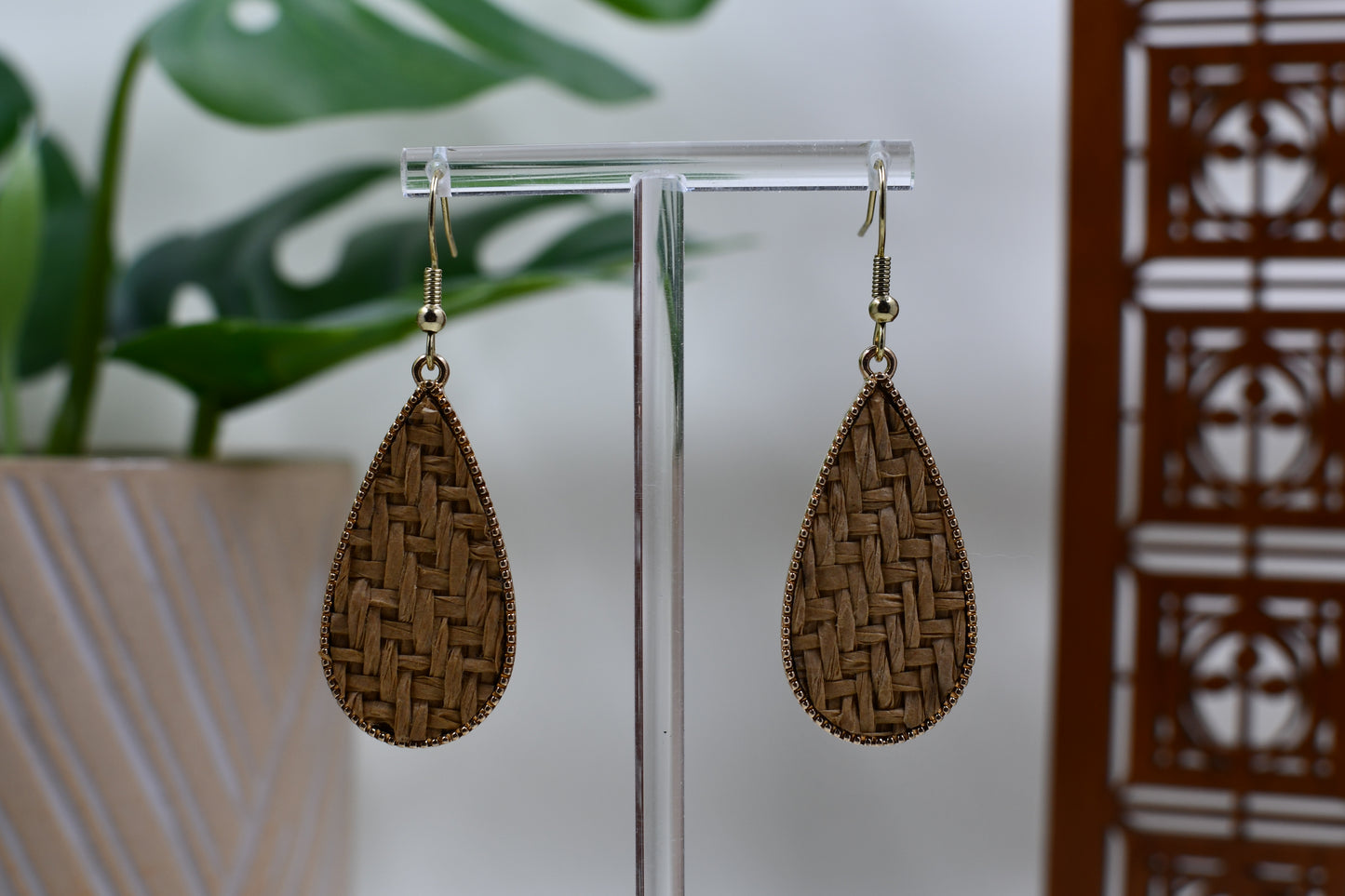 Wicker Rattan Teardrop Dangle Earrings