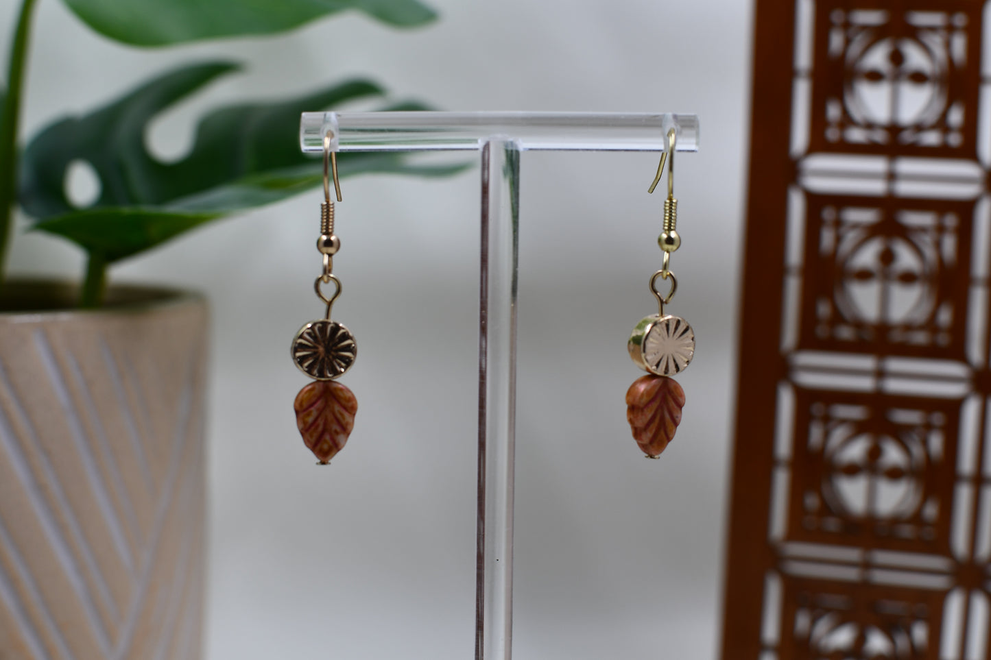 Autumn Orange Leaf and Gold Medallion Dangle Earrings