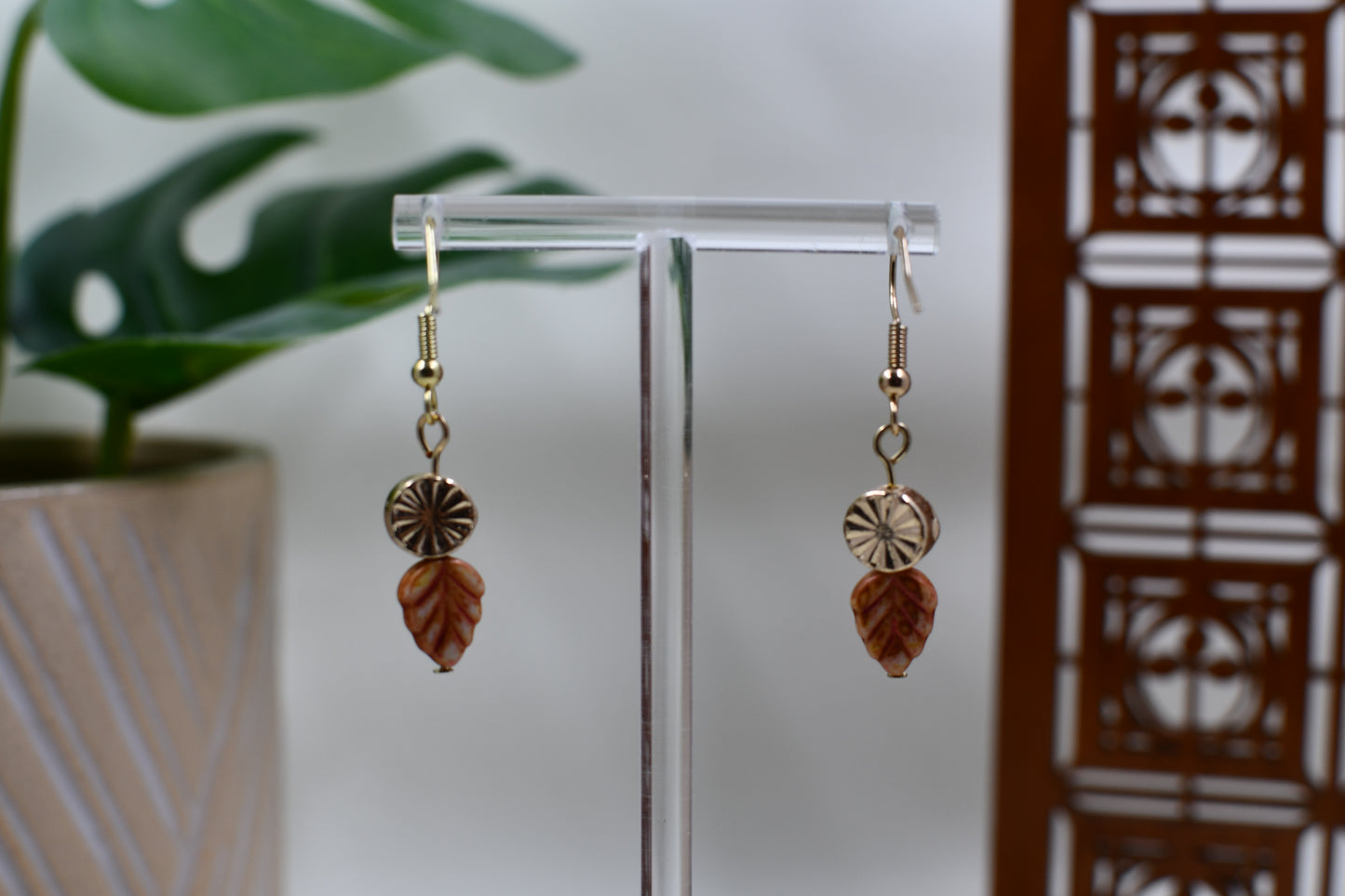 Autumn Orange Leaf and Gold Medallion Dangle Earrings