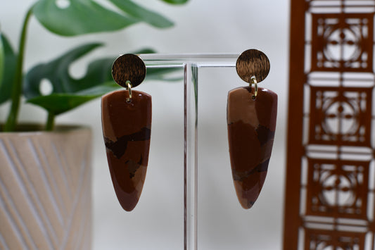 Tan/Brown Patchwork Dagger Drop Stud Earrings
