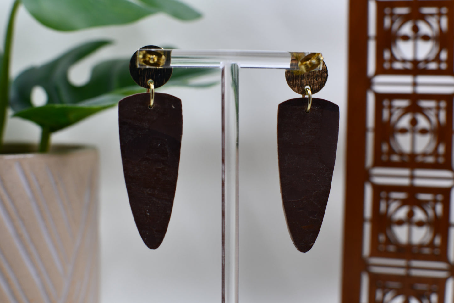 Tan/Brown Patchwork Dagger Drop Stud Earrings