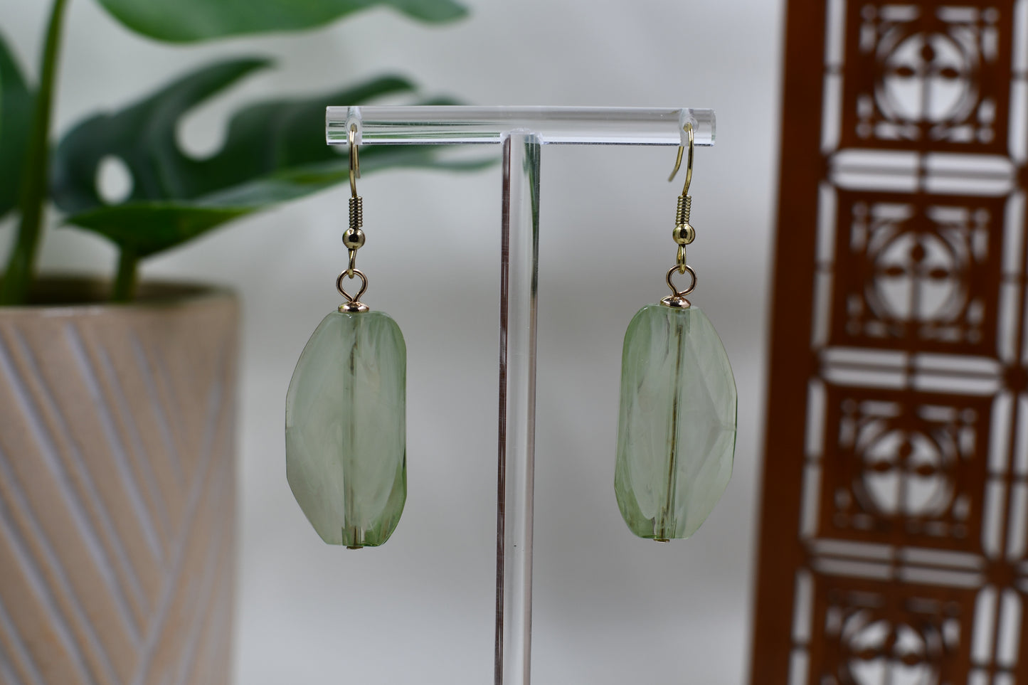 Translucent Sage Green Geometric Dangle Earrings