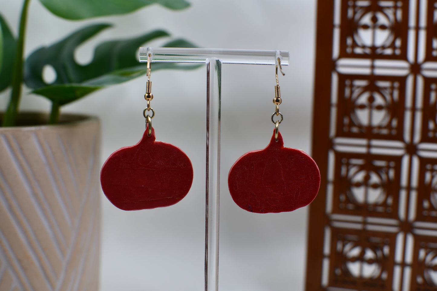 Orange Knit Textured Pumpkin Dangle Earrings