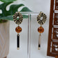 Gold Ruffle and Bar and Orange Crackled Glass Bead Drop Stud Earrings