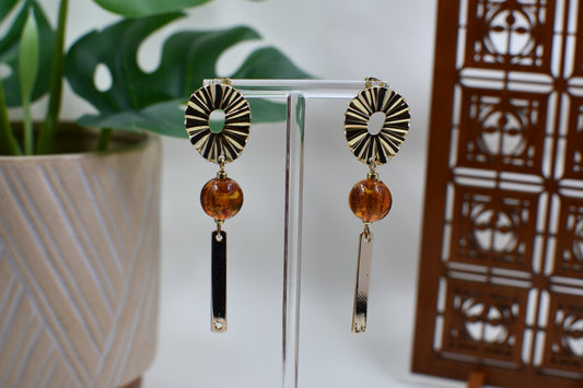 Gold Ruffle and Bar and Orange Crackled Glass Bead Drop Stud Earrings