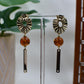 Gold Ruffle and Bar and Orange Crackled Glass Bead Drop Stud Earrings
