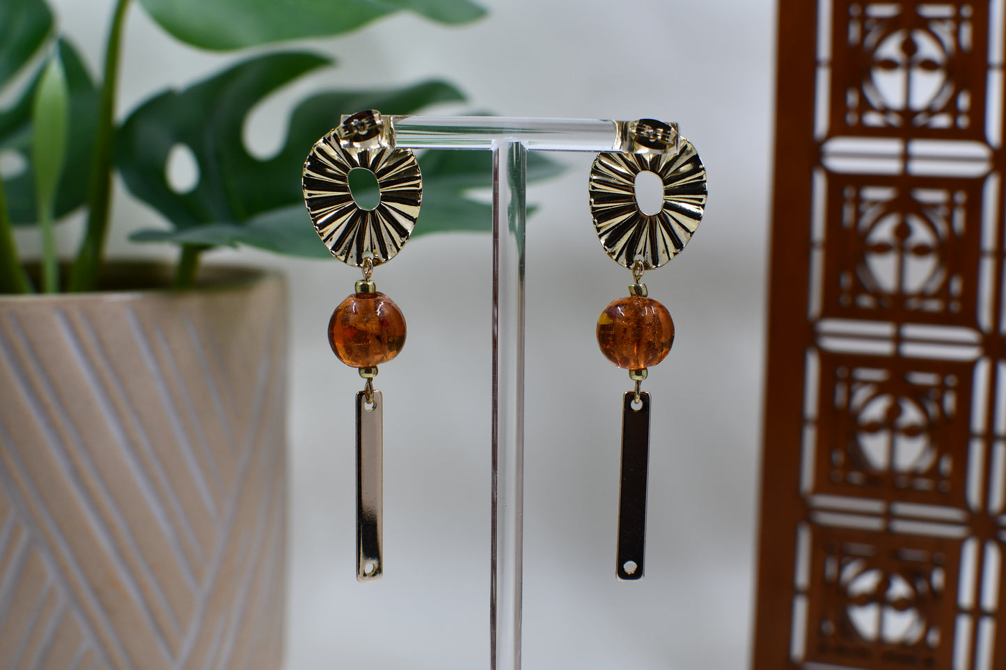 Gold Ruffle and Bar and Orange Crackled Glass Bead Drop Stud Earrings