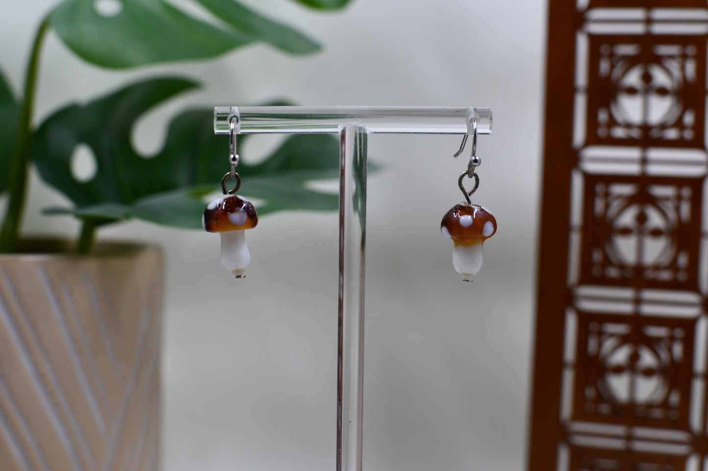 Small Glass Mushroom Dangle Earrings