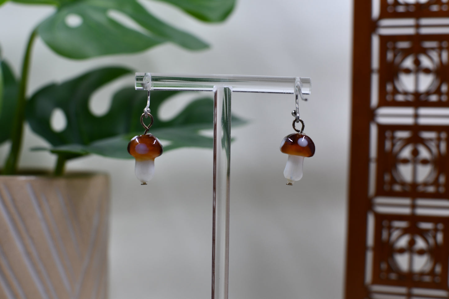 Small Glass Mushroom Dangle Earrings