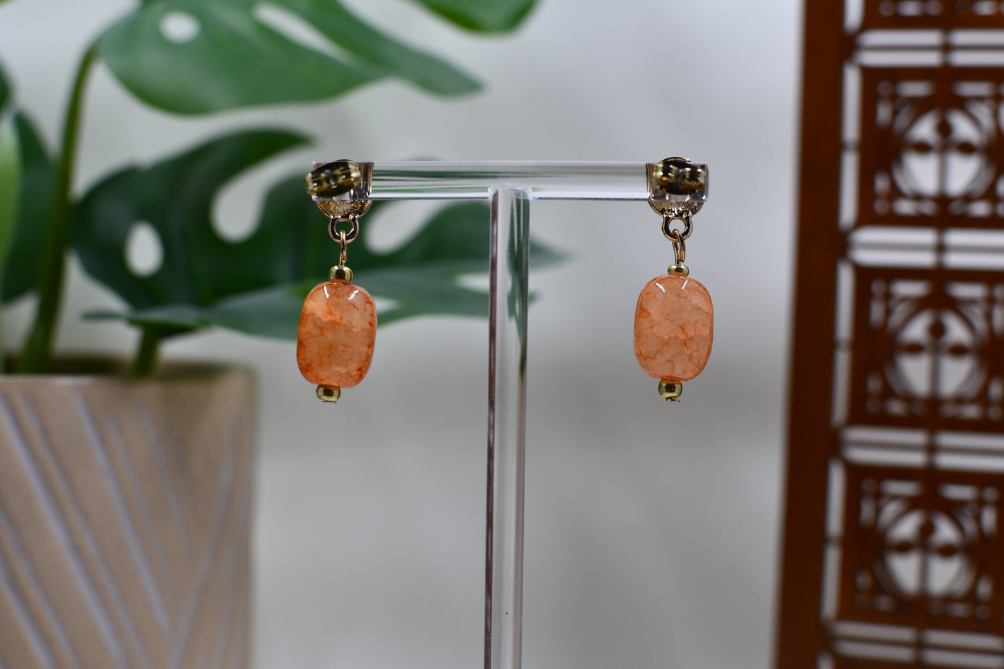 Gold Hammered Circle with Crackled Orange Glass Bead Drop Stud Earrings