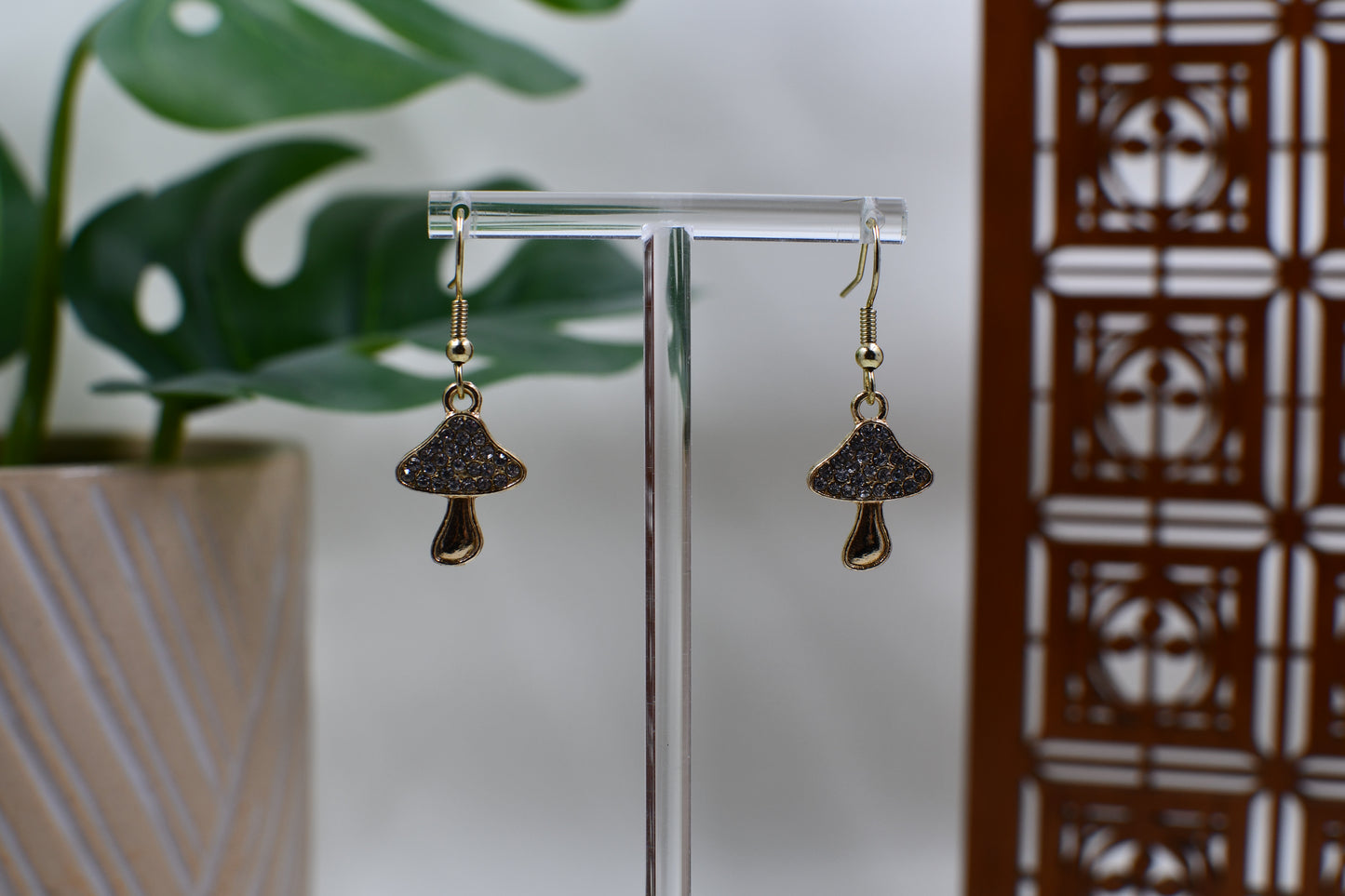 Gold Rhinestone Mushroom Dangle Earrings