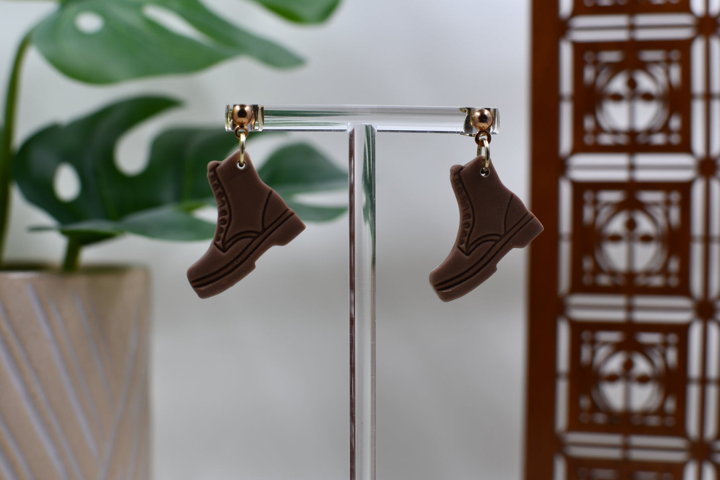 Tan Fall Boot Drop Stud Earrings
