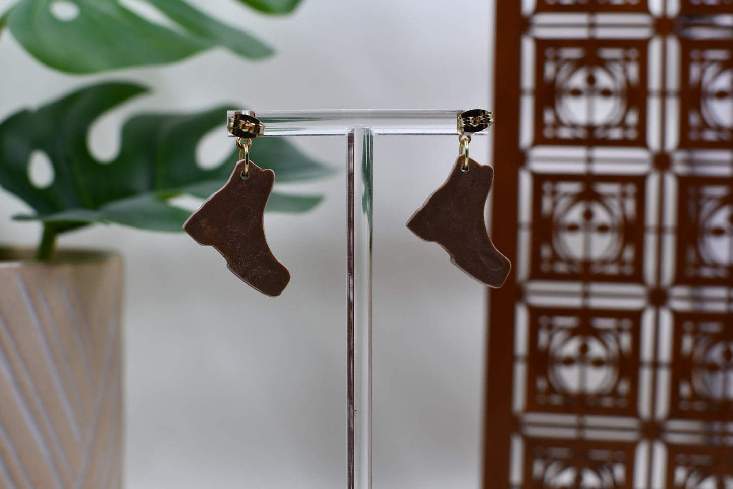 Tan Fall Boot Drop Stud Earrings