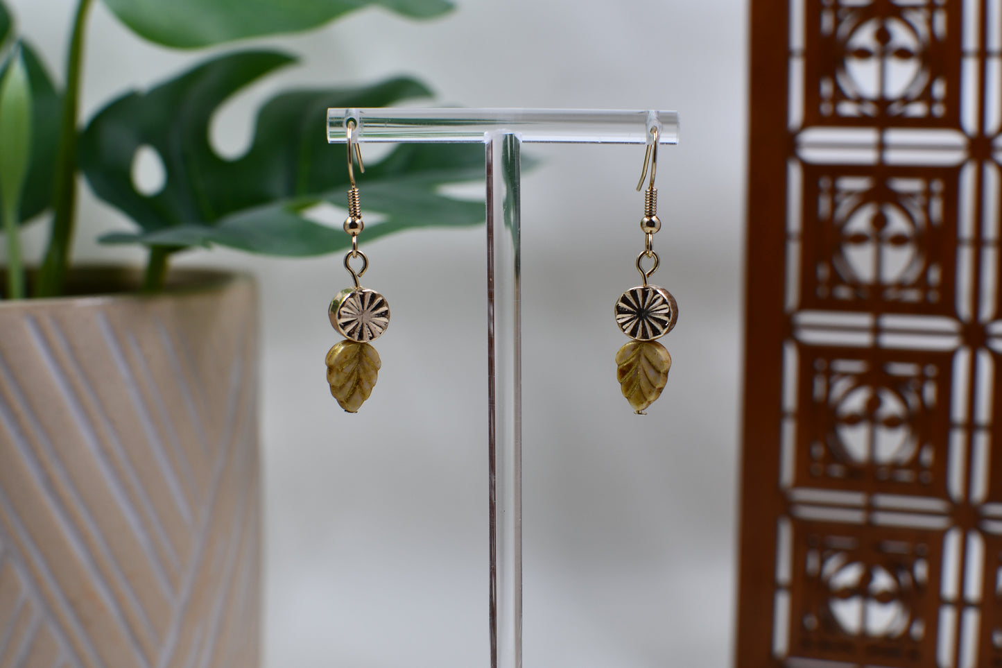Yellow Leaf Gold Medallion Dangle Earrings